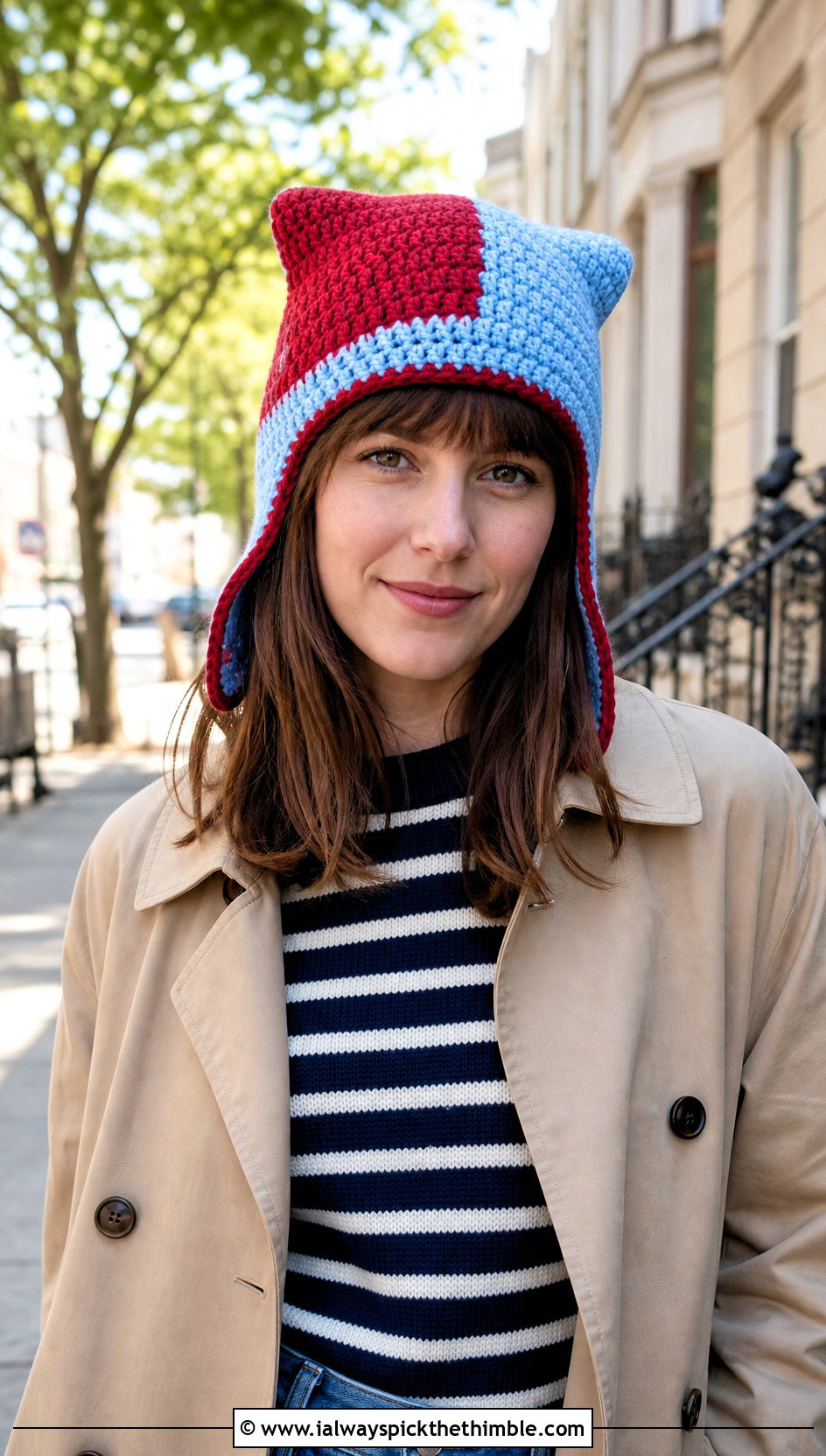 Color Blocked Finn Hat With Trench Coat And Striped Sweater - 20 crochet adventure time finn hat outfit ideas