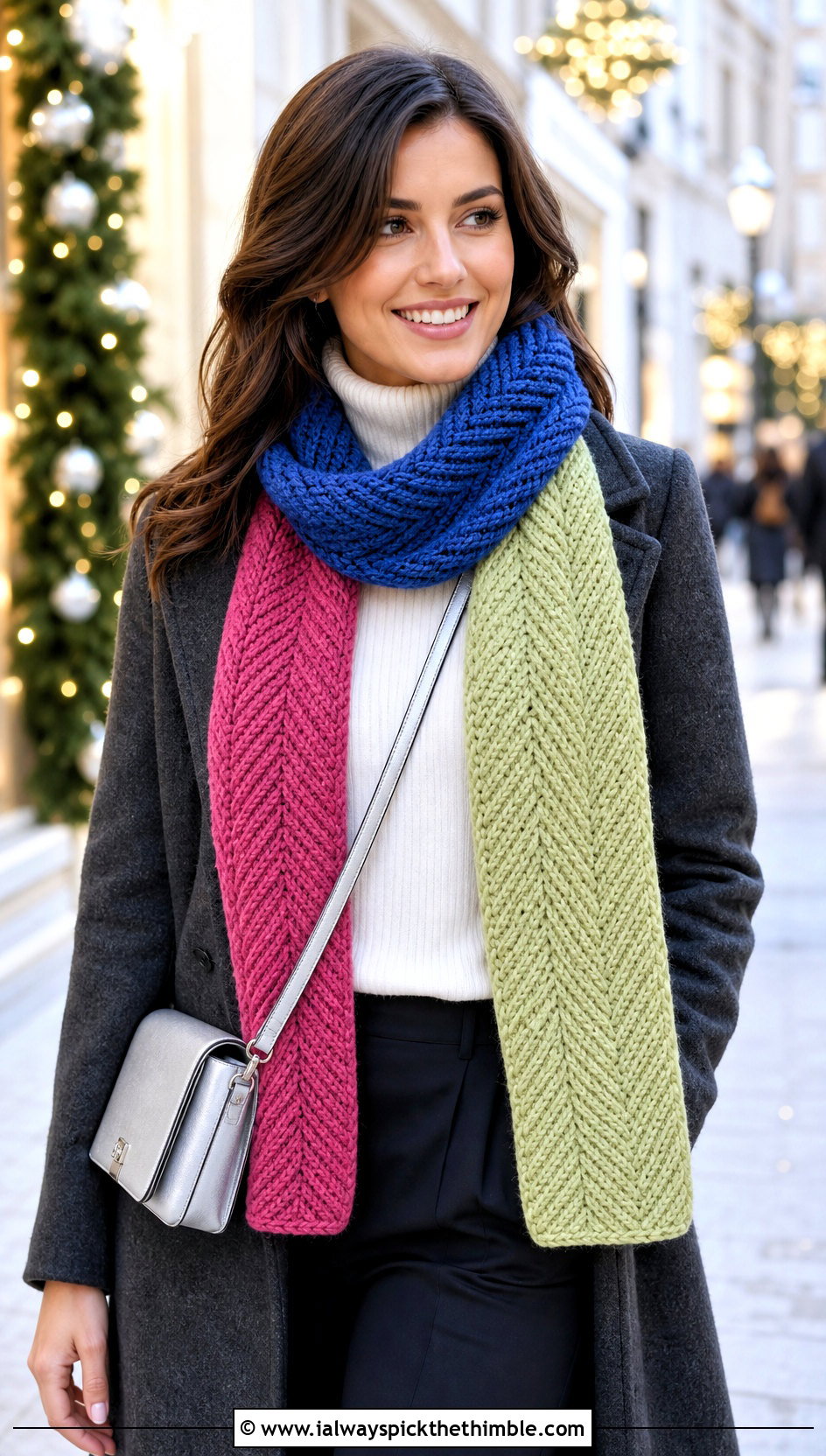 Color Blocked Herringbone Crochet Scarf With Wool Coat - 15 Herringbone Crochet Scarf outfit ideas