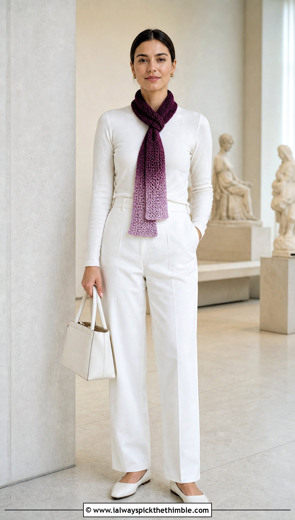 Color Shift Mini Crochet Scarf With Monochrome Outfit - 20 mini crochet scarf outfit ideas