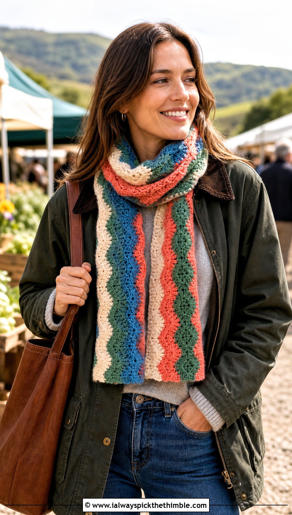 Color Wave Striped Crochet Scarf With Barn Jacket and Jeans - 20 wavy crochet scarf outfit ideas