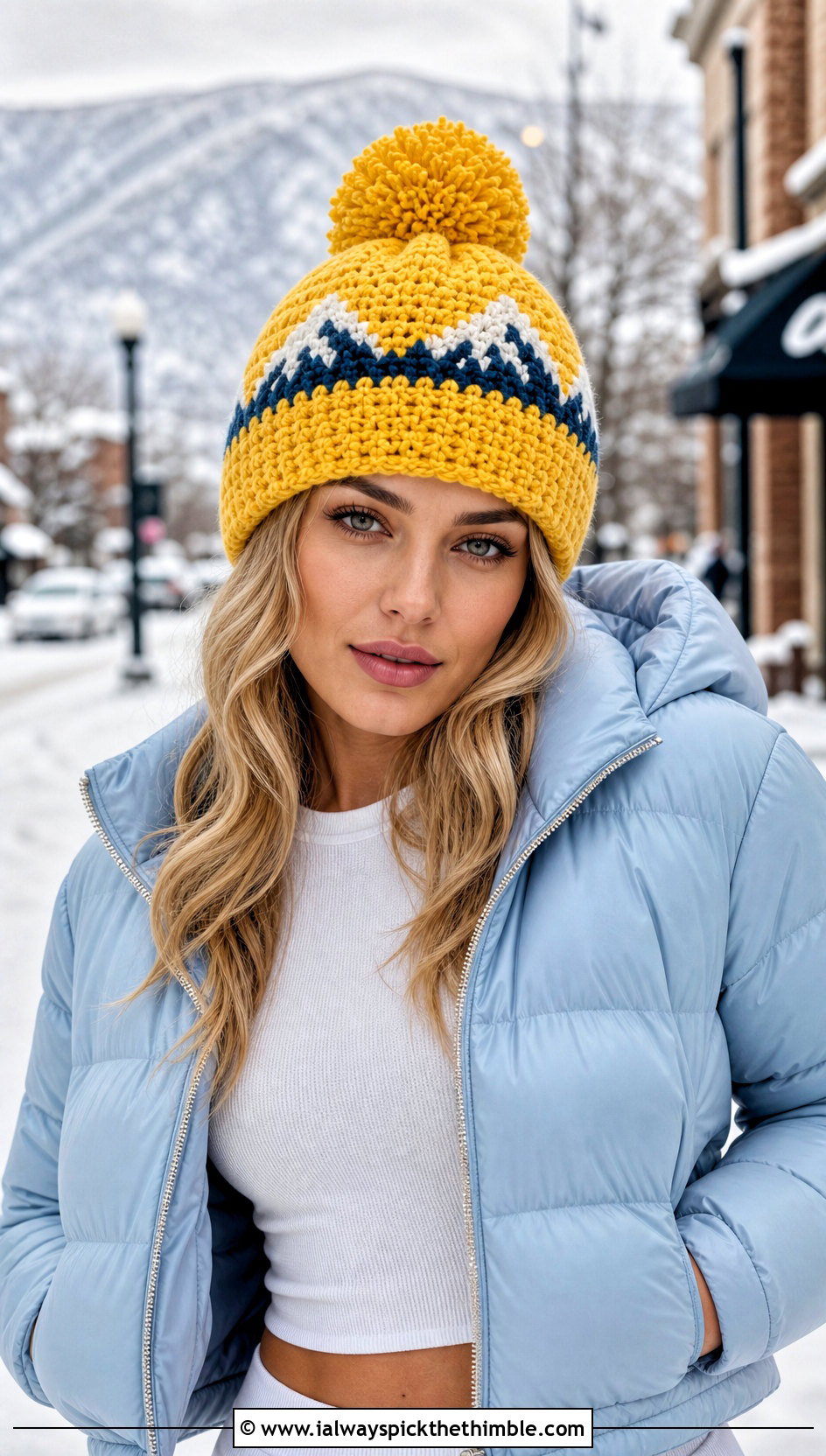 Colorado Crochet Pom Pom Beanie With Puffer Jacket - 15 Colorado Crochet Hat outfit ideas