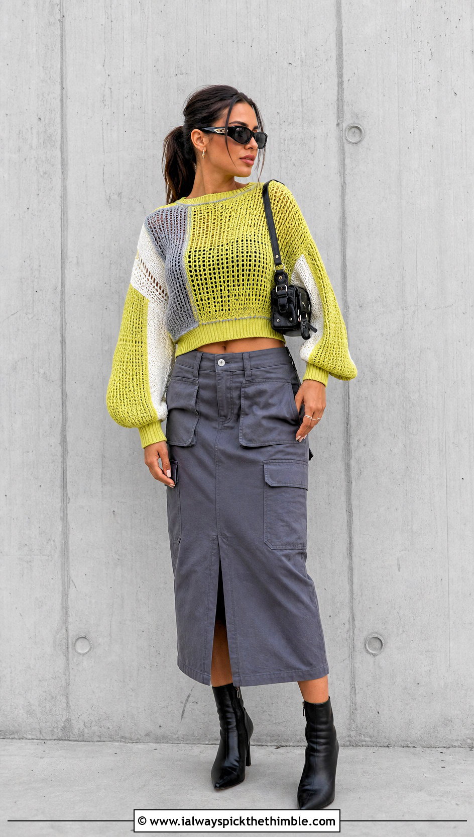Colorblock Bishop Sleeve Crochet Top With Cargo Skirt - 20 aesthetic long sleeve crochet tops outfit ideas