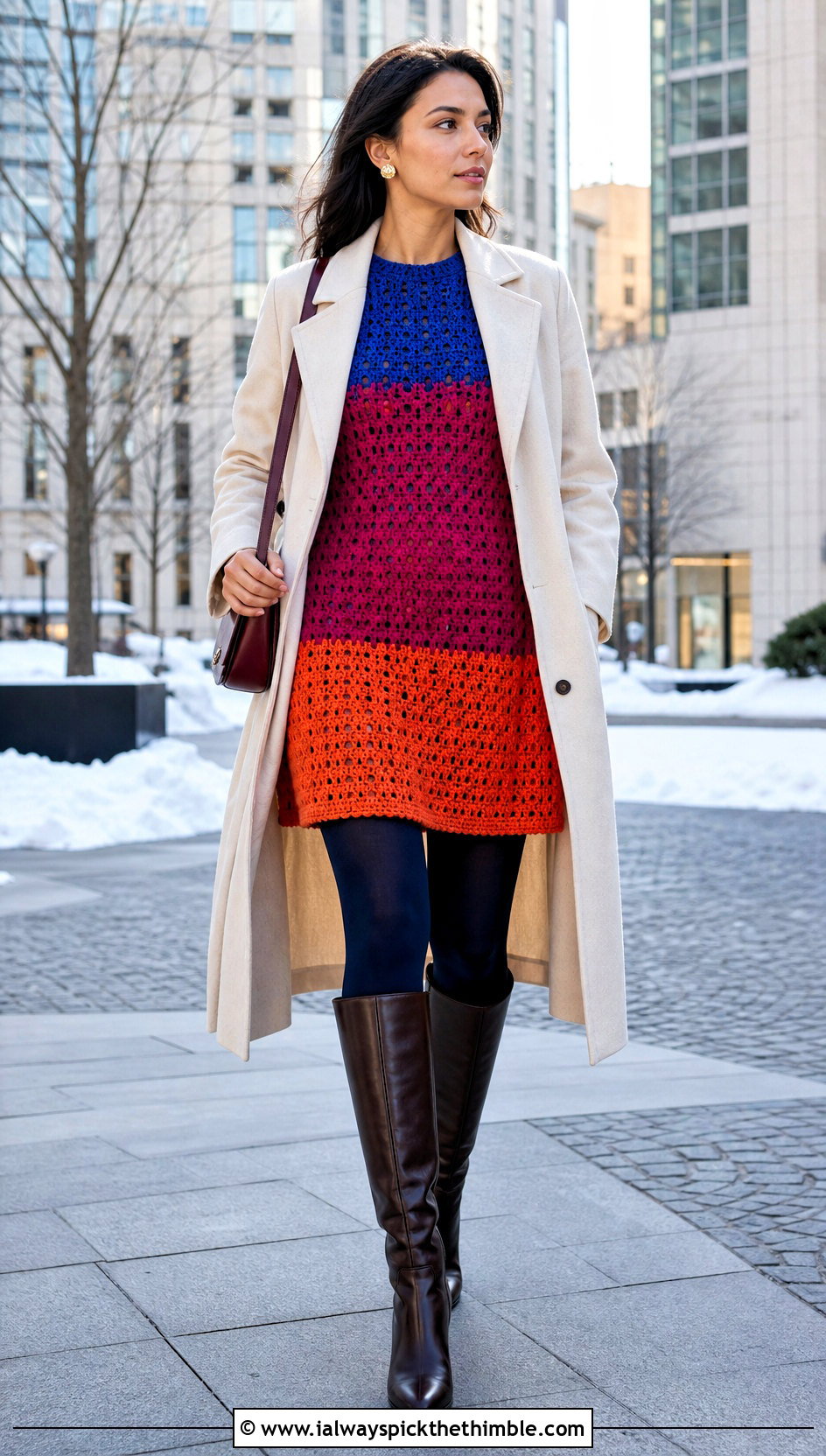 Colorblock Crochet A Line Dress With Trench Coat - 20 crochet dress for winter outfit ideas
