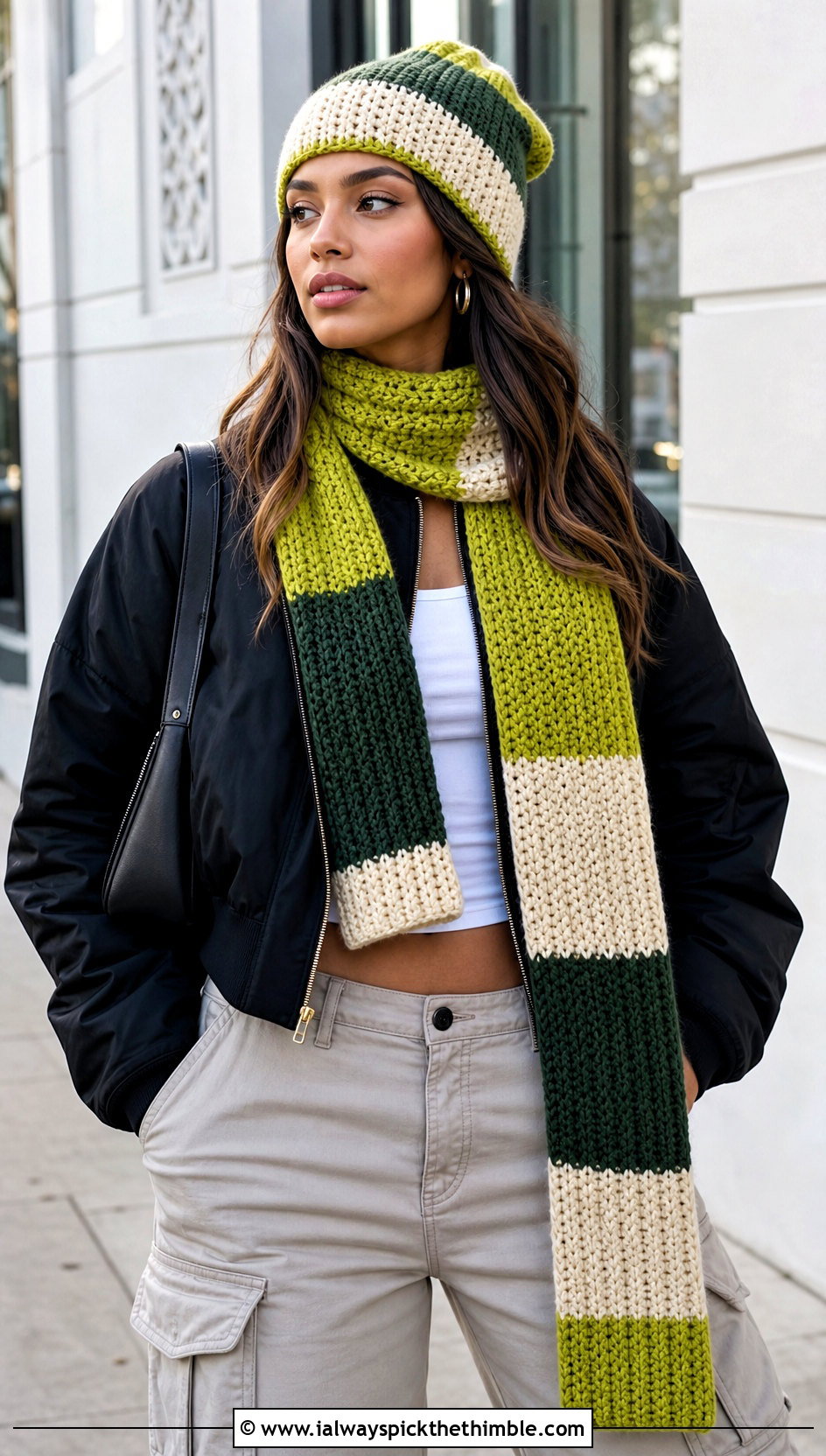 Colorblock Crochet Beanie And Scarf Set With Cargo Pants - 20 crochet beanie and scarf set outfit ideas