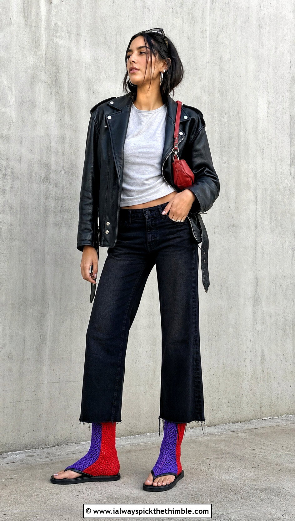 Colorblock Crochet Boots With Leather Jacket - 15 crochet boots with flip flop soles outfit ideas