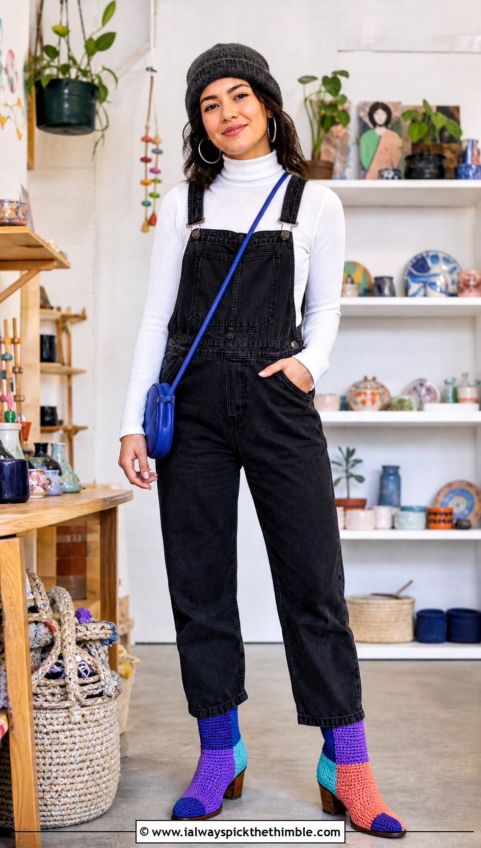 Colorblock Crochet Boots With Overalls And Turtleneck - 15 ugg style crochet boots outfit ideas