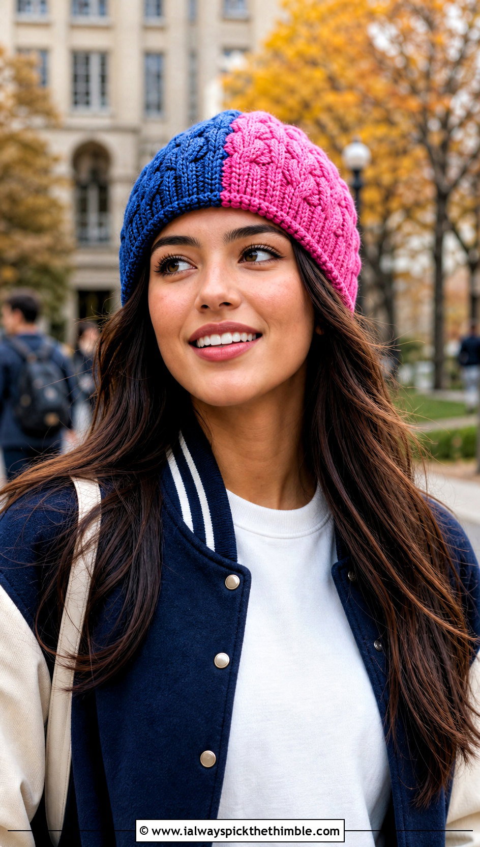 Colorblock Crochet Cable Beanie With Varsity Jacket - 25 crochet cable hat outfit ideas