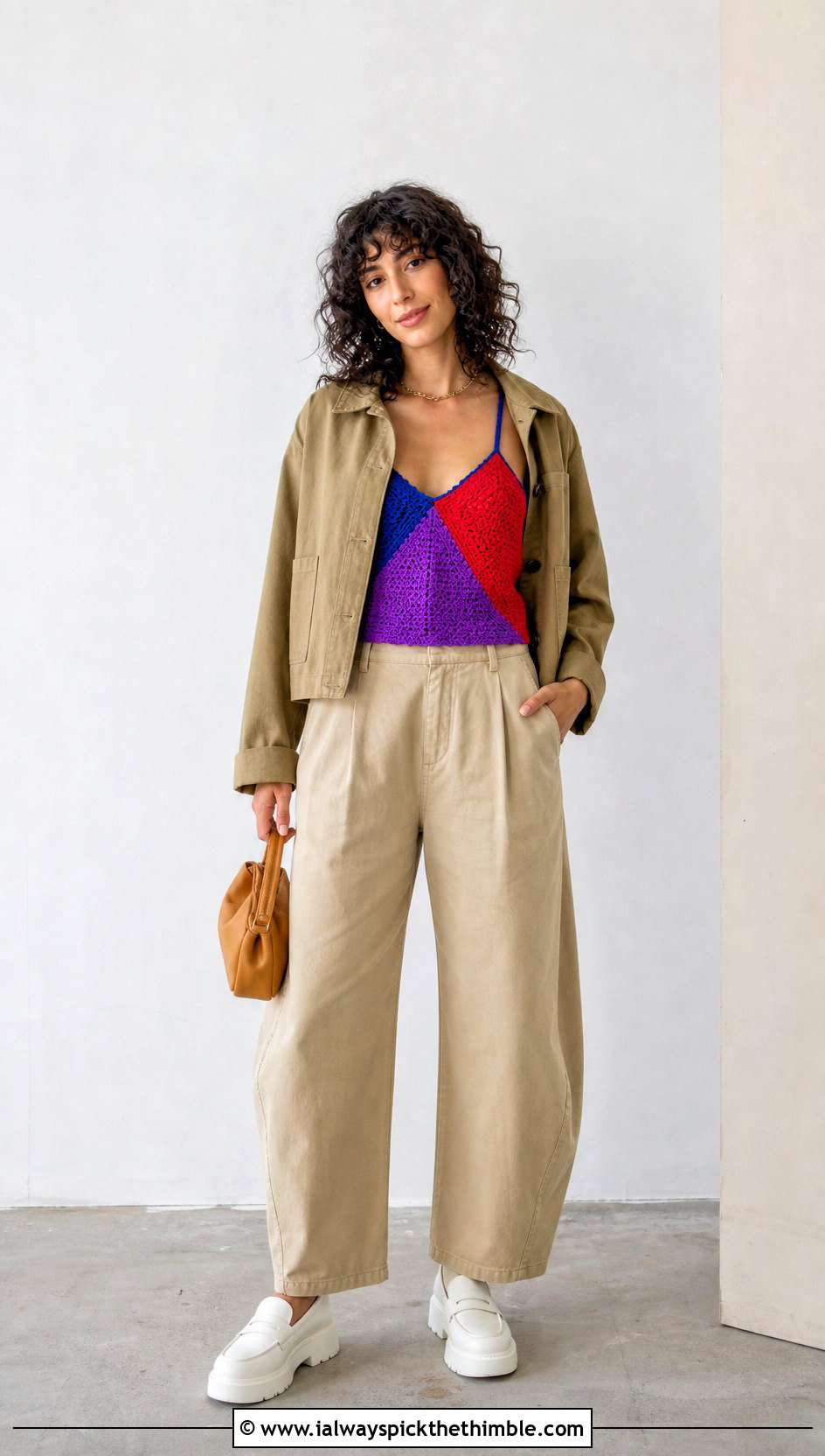 Colorblock Crochet Cami With Barrel Leg Pants - 20 Crochet Cami outfit ideas