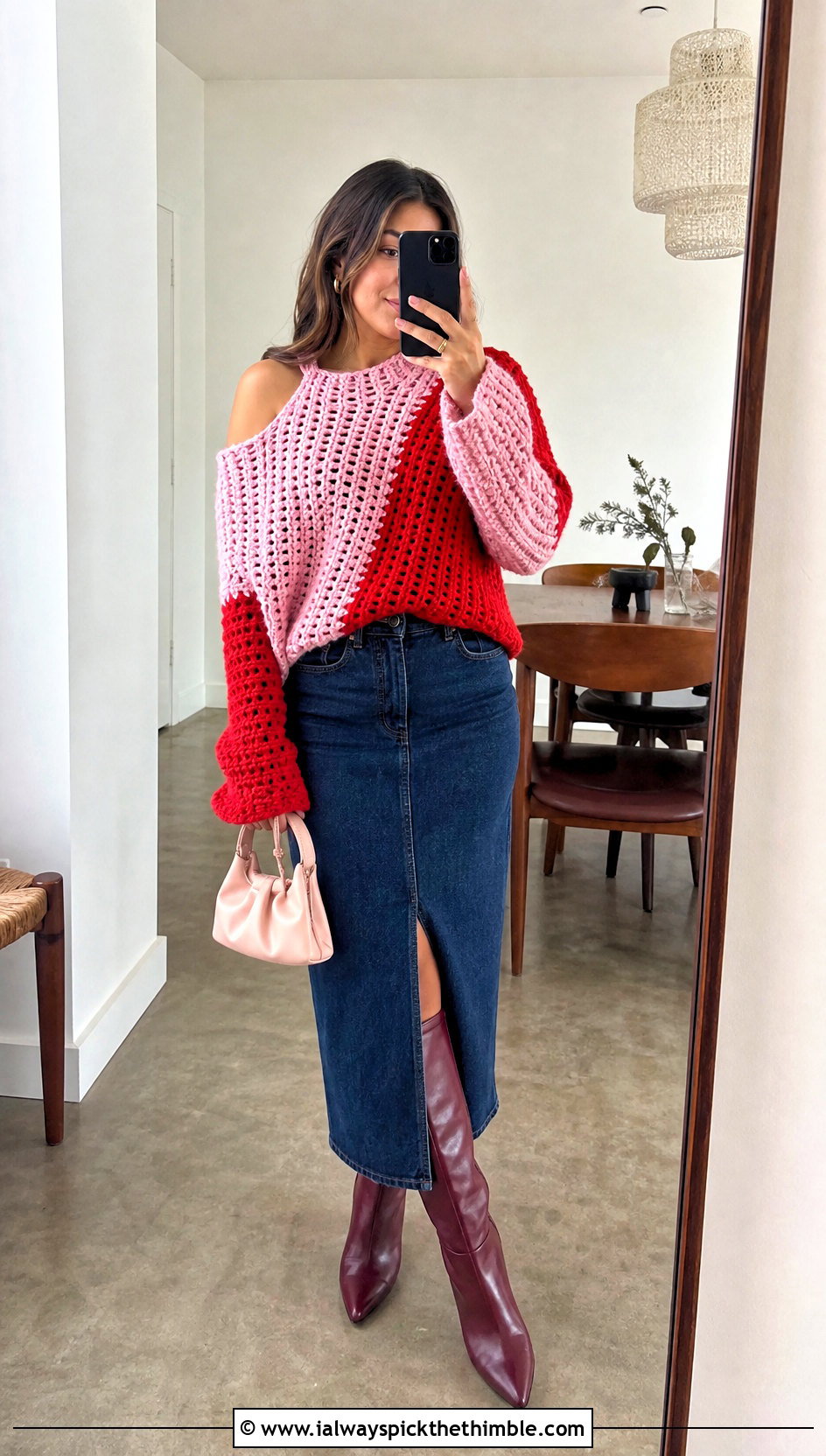Colorblock Crochet Cold Shoulder Sweater With Denim Midi Skirt - 20 Crochet Cold Shoulder Sweater outfit ideas