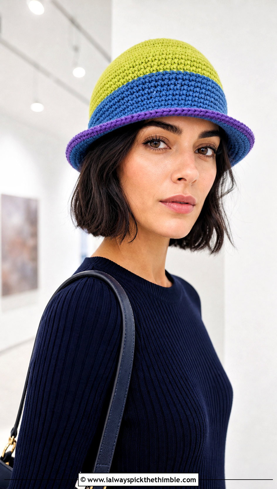 Colorblock Crochet Derby Hat With Monochrome Knit Dress - 20 Crochet Derby Hat outfit ideas