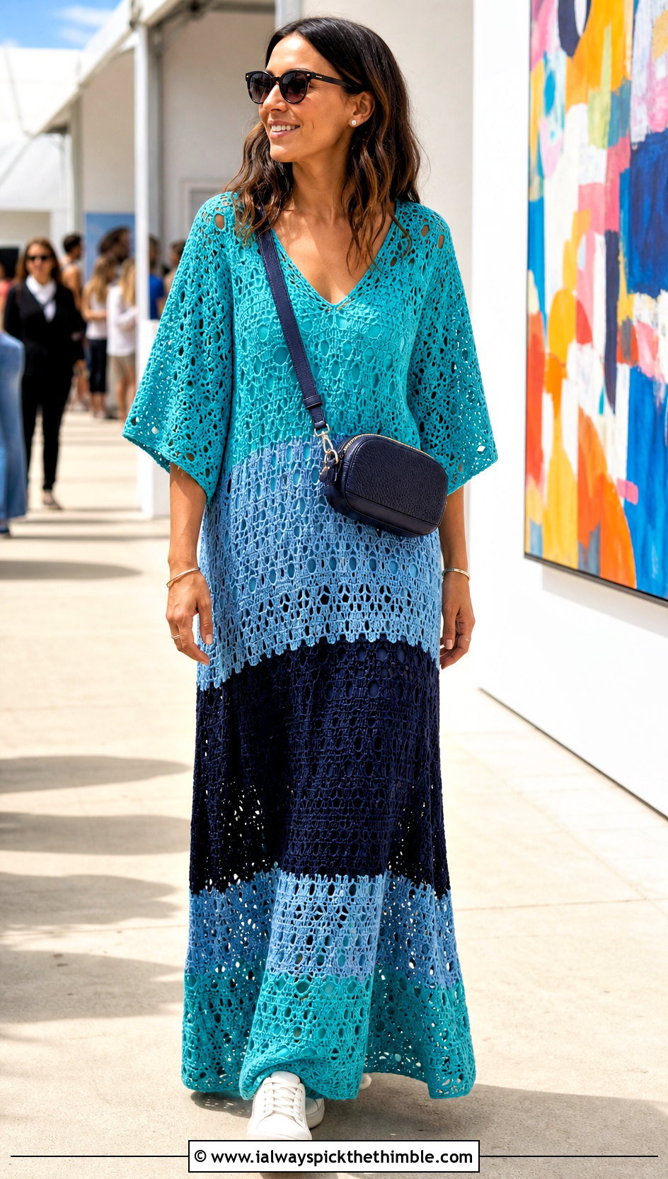 Colorblock Crochet Gown With White Sneakers - 25 crochet gown outfit ideas