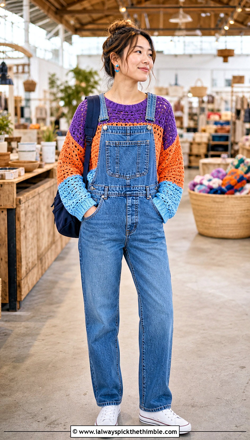 Colorblock Crochet Mesh Pullover With Denim Overalls - 20 Crochet Mesh Pullover outfit ideas