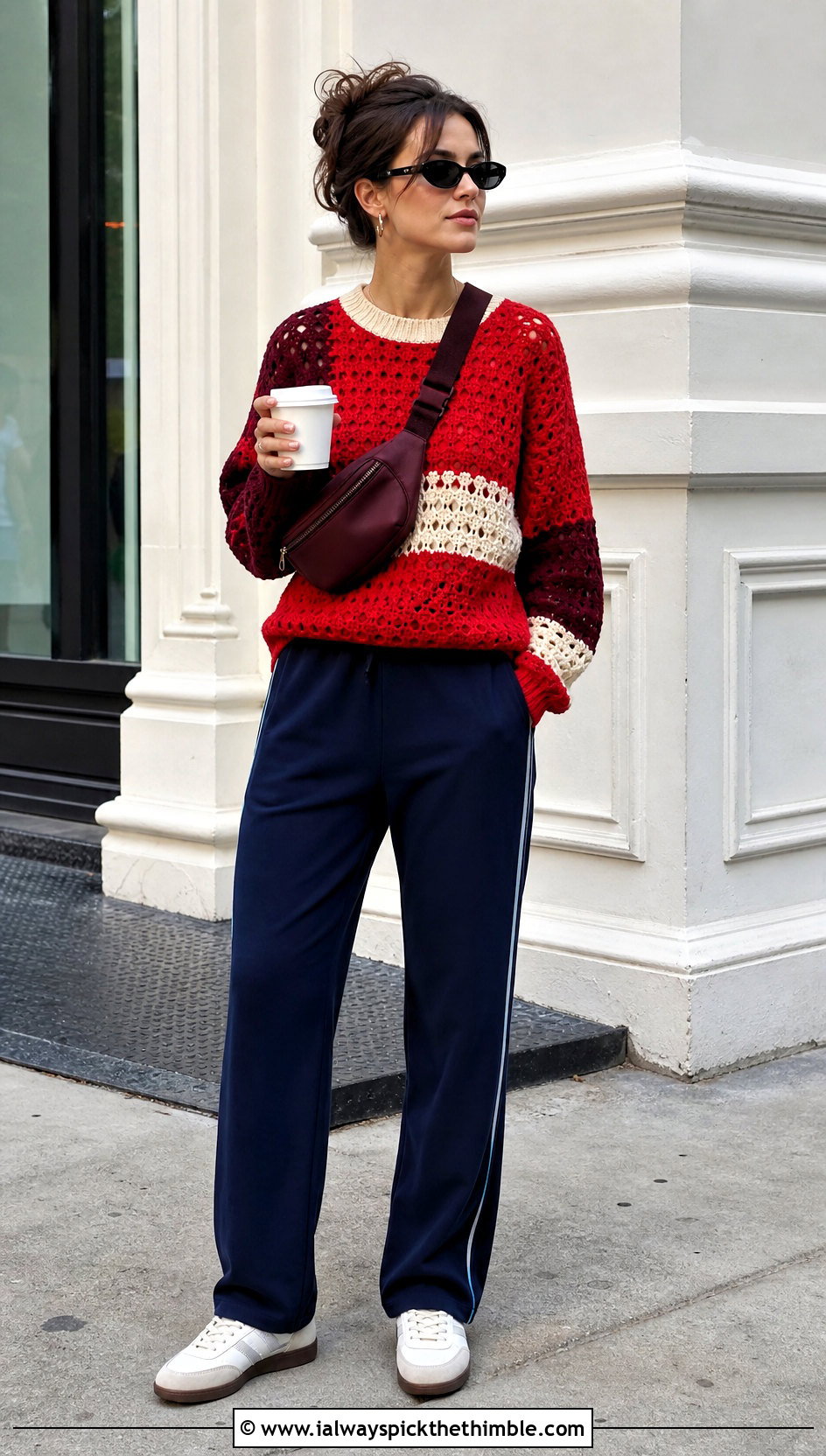 Colorblock Crochet Rory Gilmore Sweater With Track Pants - 20 crochet rory gilmore sweater outfit ideas