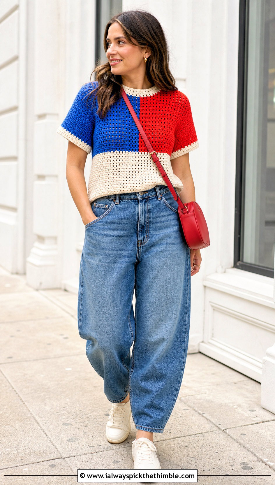 Colorblock Crochet Short Sleeve Sweater With Barrel Jeans - 20 Crochet Short Sleeve Sweater outfit ideas