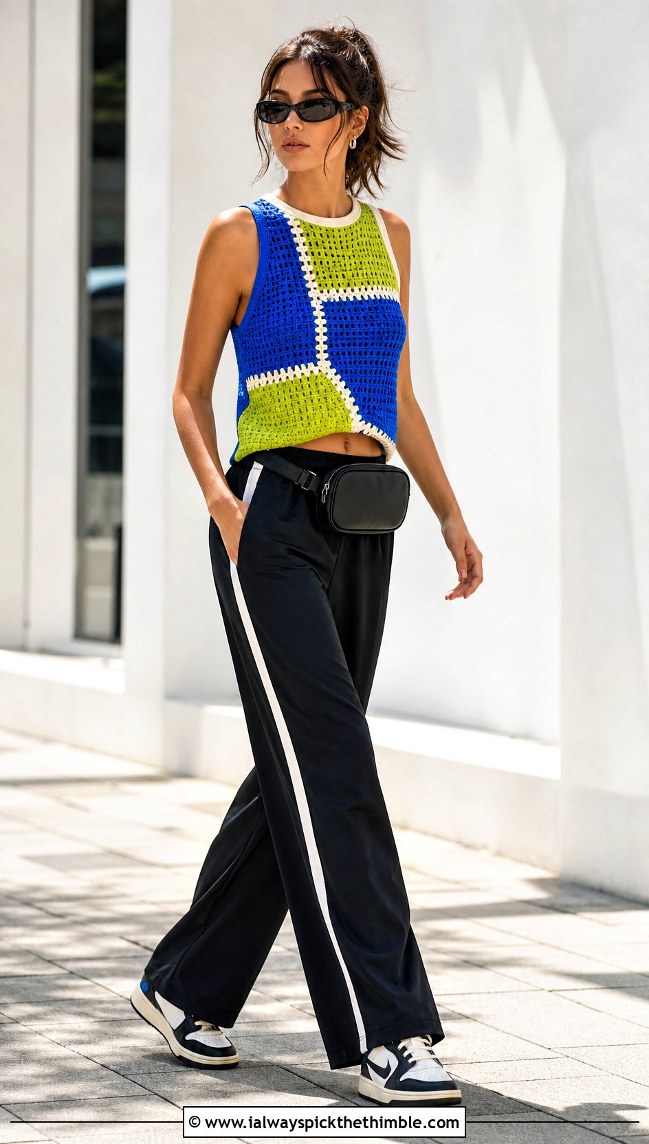 Colorblock Crochet Sleeveless Top With Track Pants - 25 crochet sleeveless top outfit ideas