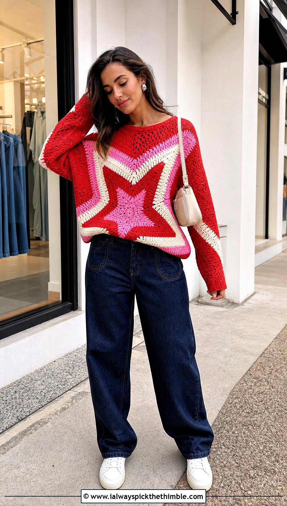 Colorblock Crochet Star Sweater With Barrel Jeans - 25 crochet star sweater outfit ideas