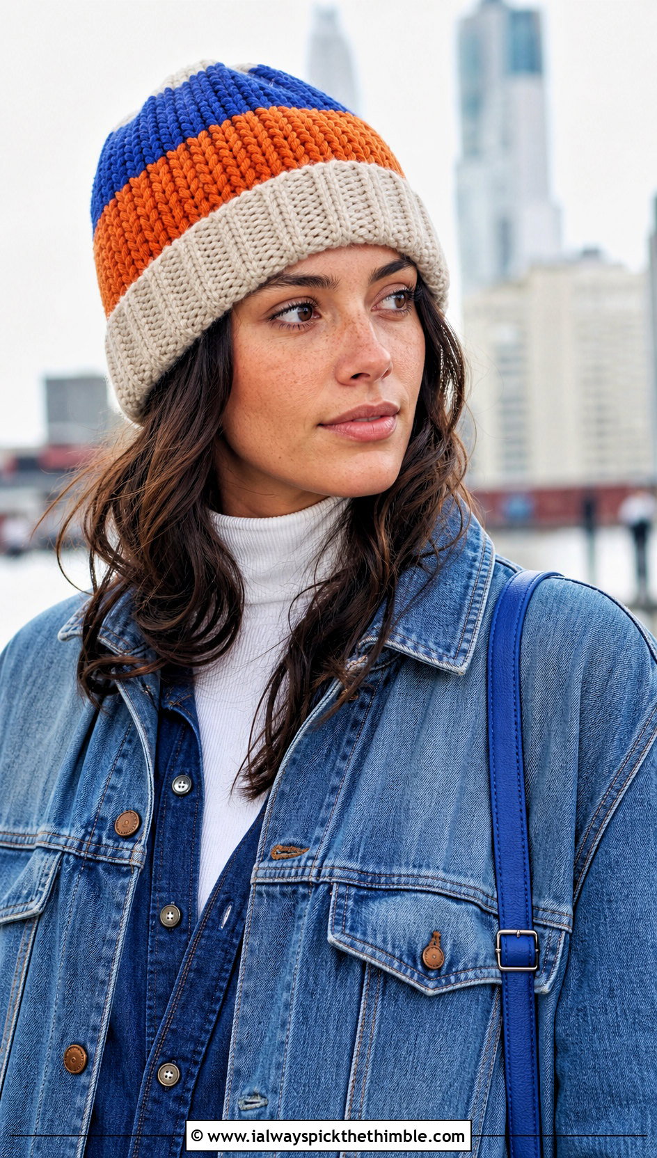 Colorblock Crochet Stocking Cap With Double Denim - 20 crochet stocking cap outfit ideas