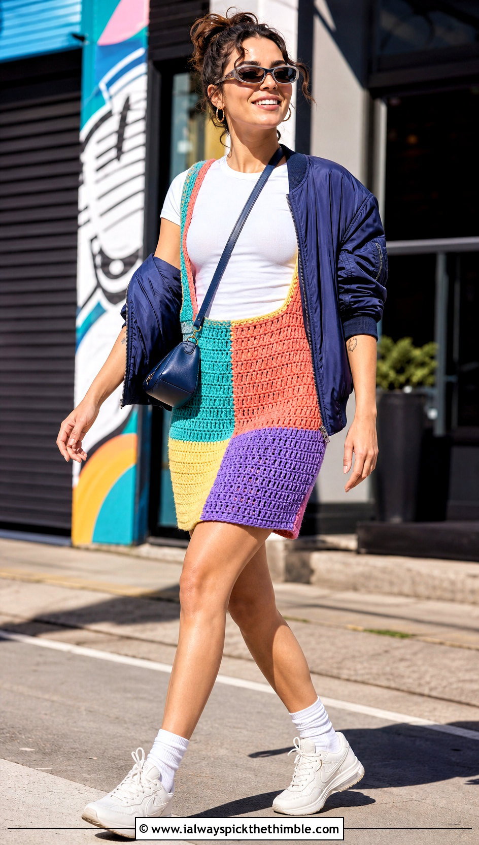 Colorblock Crochet Suspender Skirt With Bomber Jacket - 20 crochet suspender skirt outfit ideas