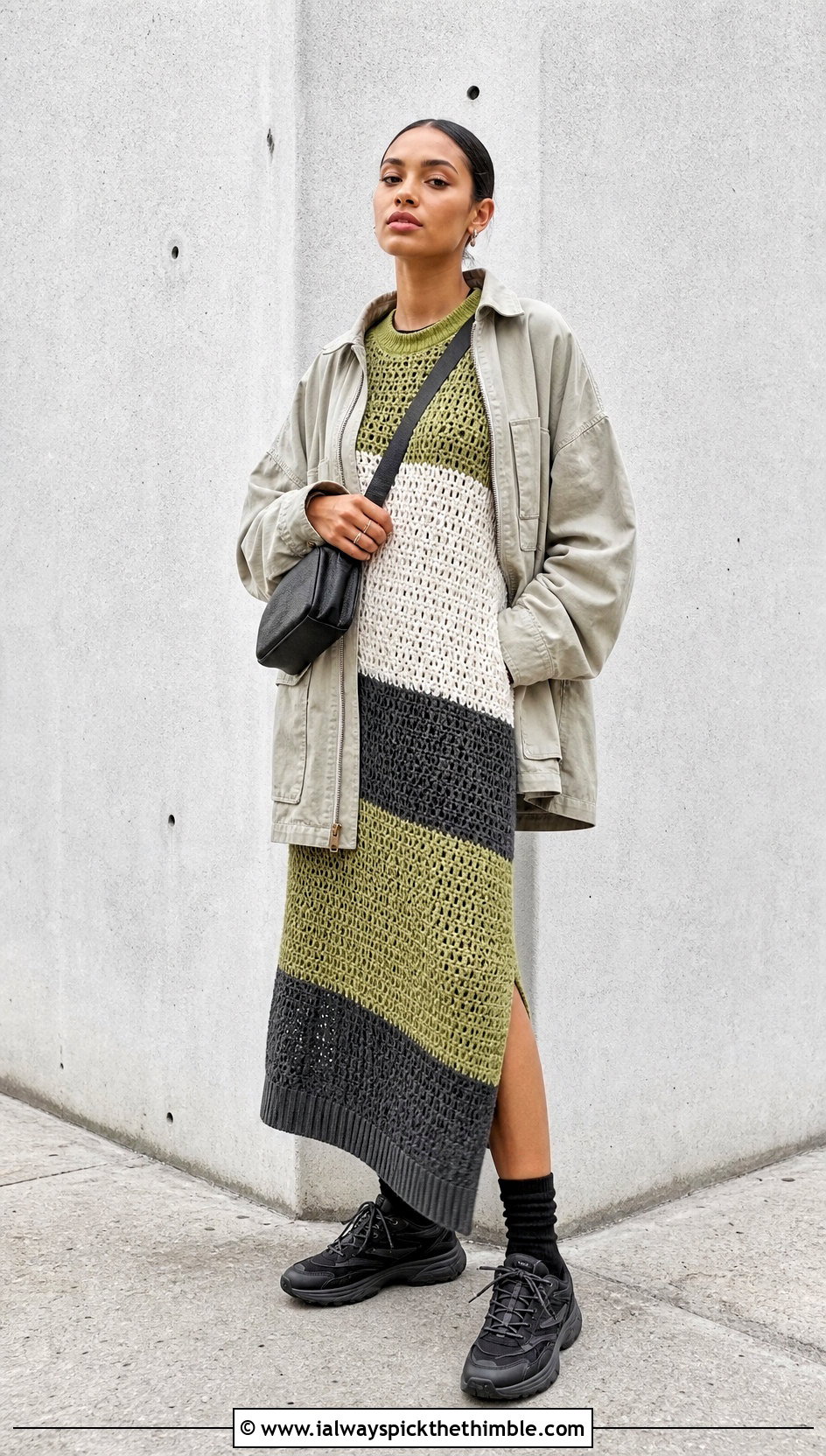 Colorblock Crochet Sweater Dress With Utility Jacket - 25 crochet sweater dress outfit ideas