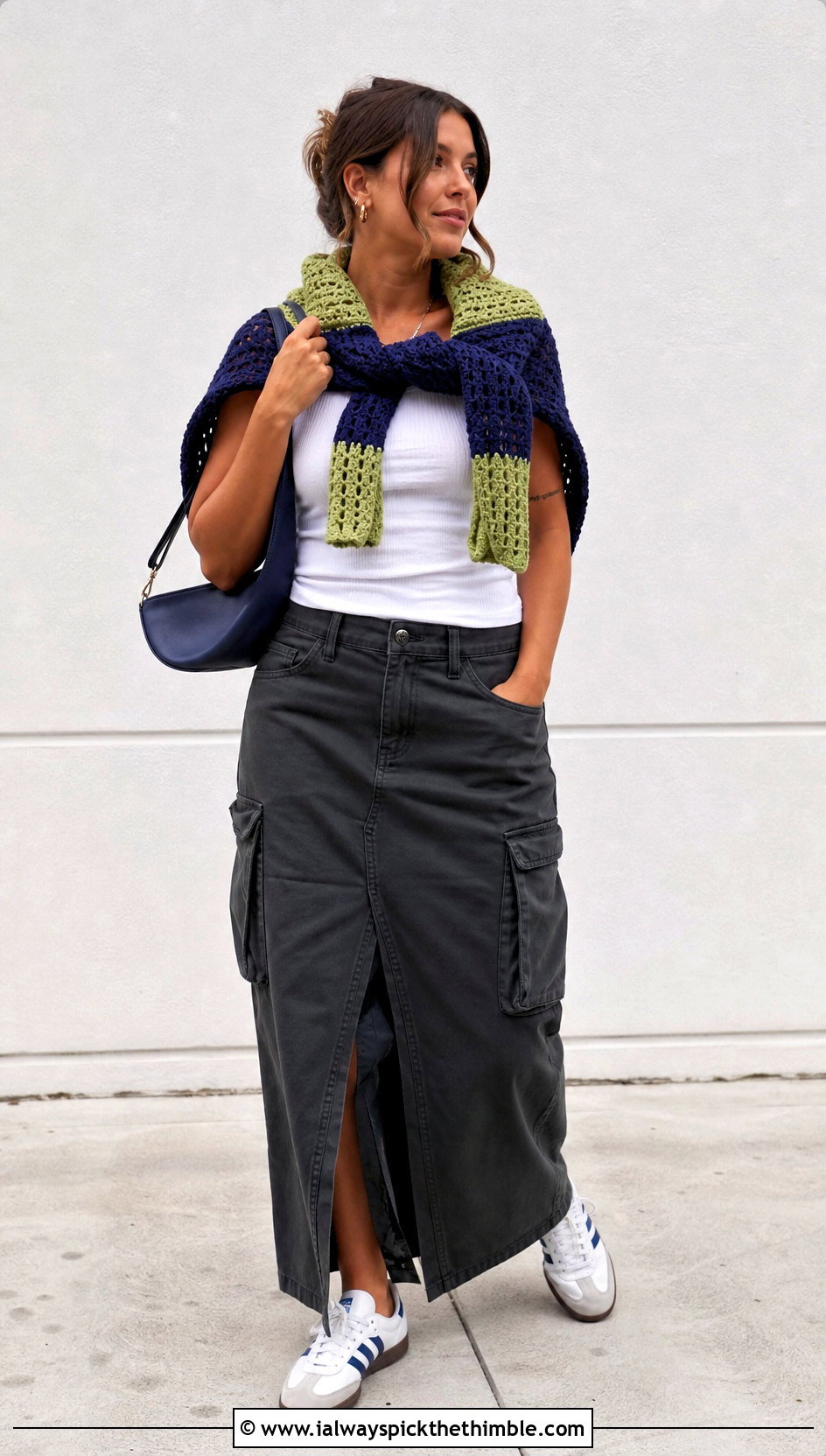 Colorblock Crochet Sweater Over Shoulders With Cargo Maxi Skirt - 20 Crochet Over The Shoulder Sweater outfit ideas
