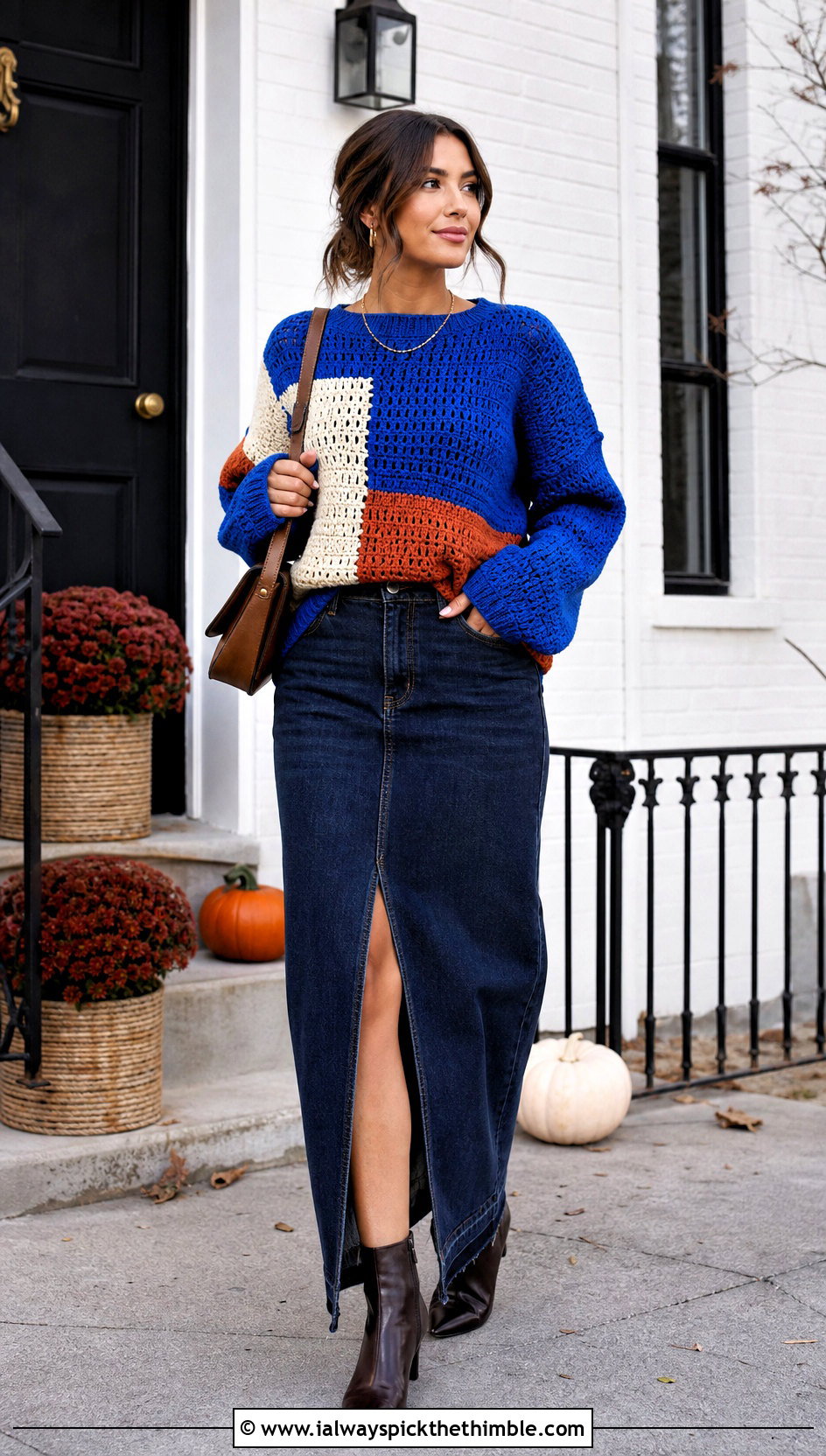 Colorblock Crochet Sweater With Denim Maxi Skirt - 20 Crochet Thanksgiving Sweater outfit ideas