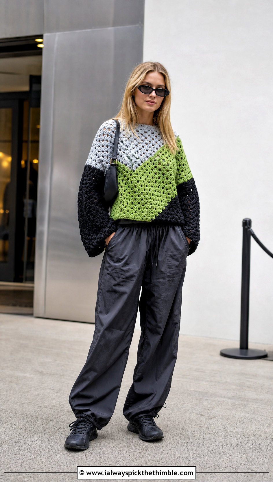 Colorblock Crochet Sweater With Parachute Pants - 20 Fire Crochet Sweater outfit ideas