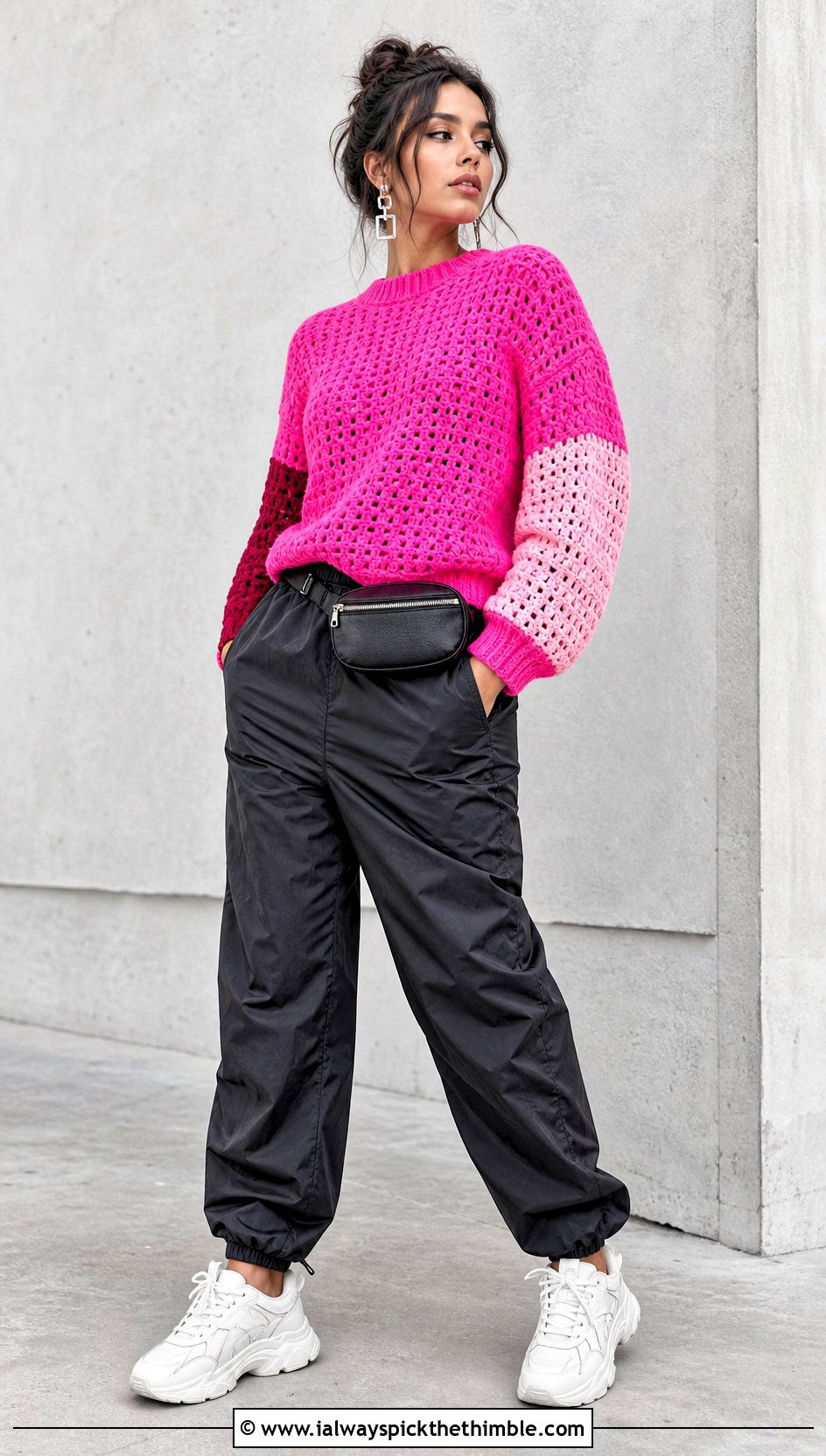 Colorblock Crochet Sweater With Parachute Pants - 20 Comfy Crochet Sweater outfit ideas