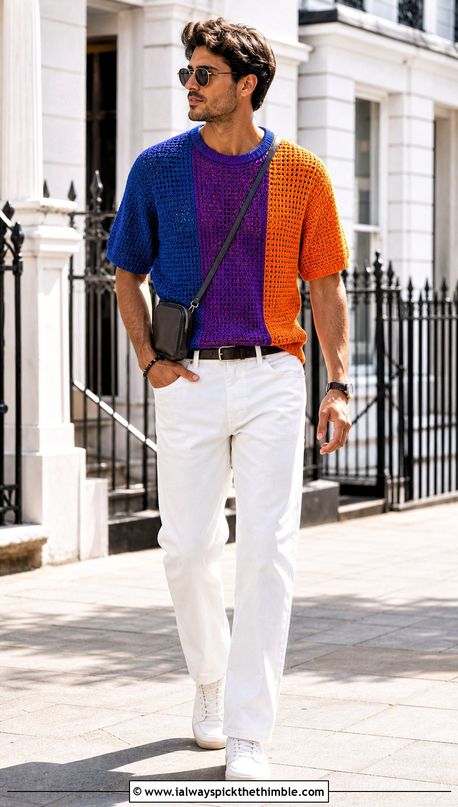 Colorblock Crochet T Shirt With White Jeans - 25 crochet top men outfit ideas