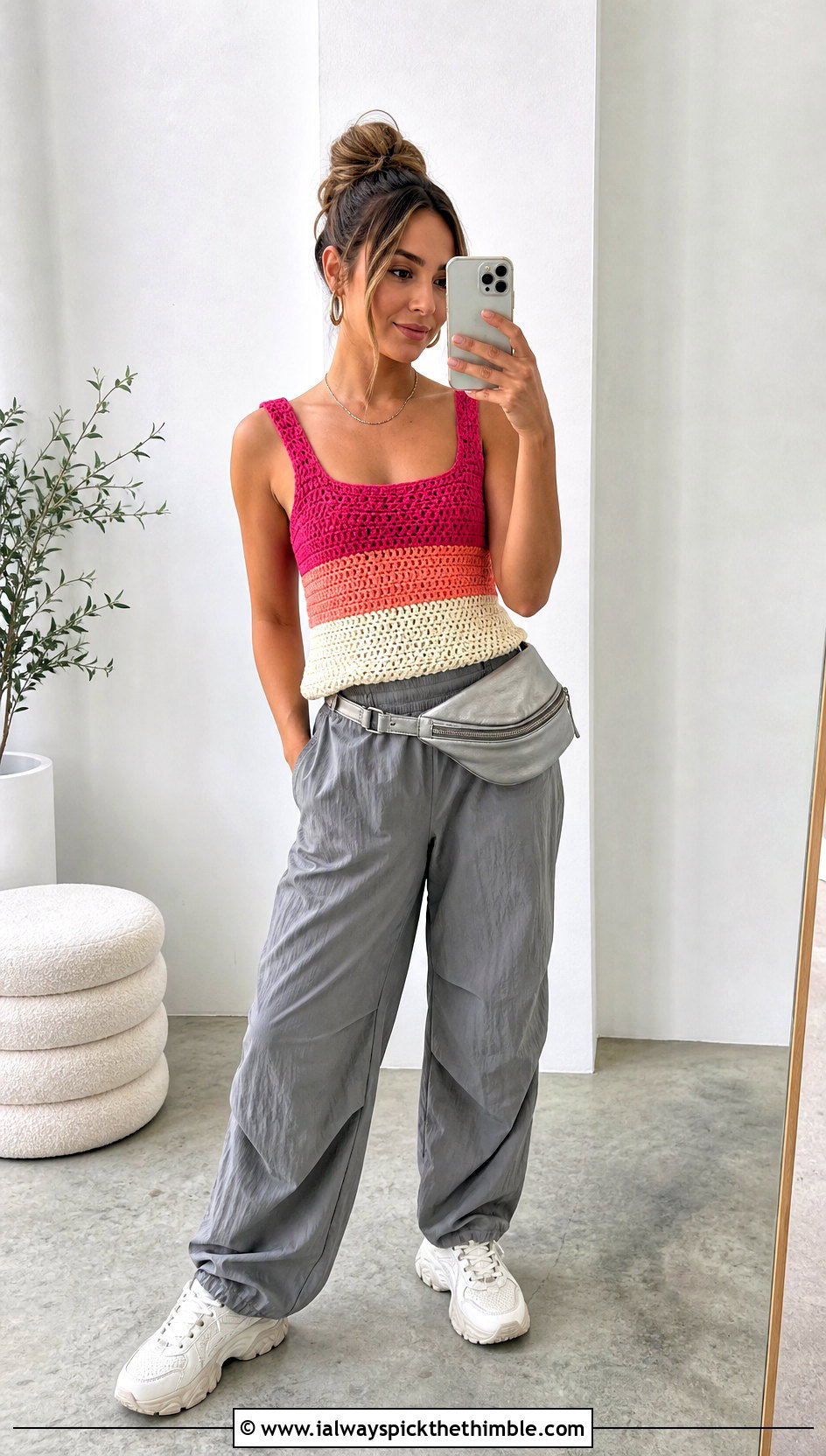 Colorblock Crochet Tank Top With Parachute Pants - 20 crochet tank tops for women outfit ideas