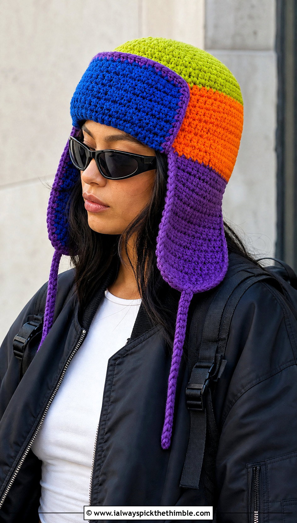 Colorblock Crochet Ushanka With Bomber Jacket - 25 crochet russian hat outfit ideas