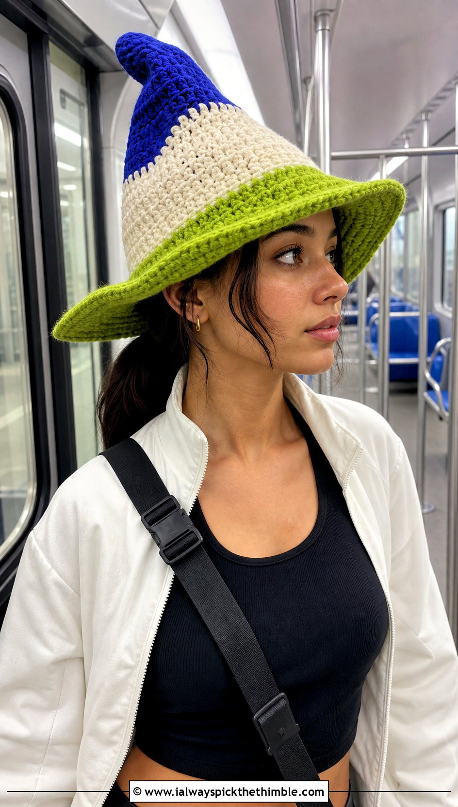 Colorblock Crochet Witch Hat With Sporty Outfit - 15 Witch's Crochet Hat outfit ideas