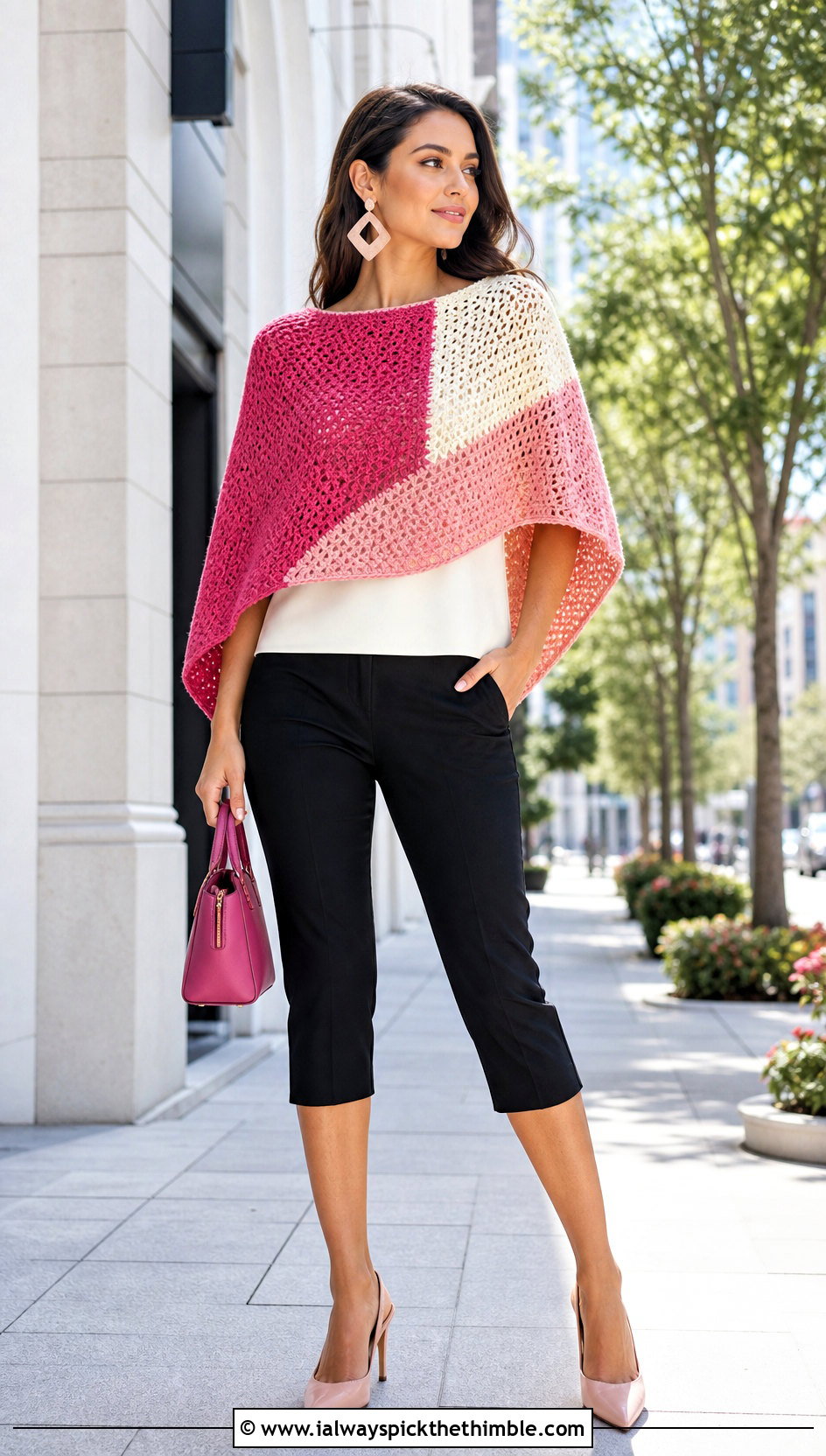 Colorblock Cropped Crochet Poncho With Capri Pants - 20 Cropped Crochet Poncho outfit ideas