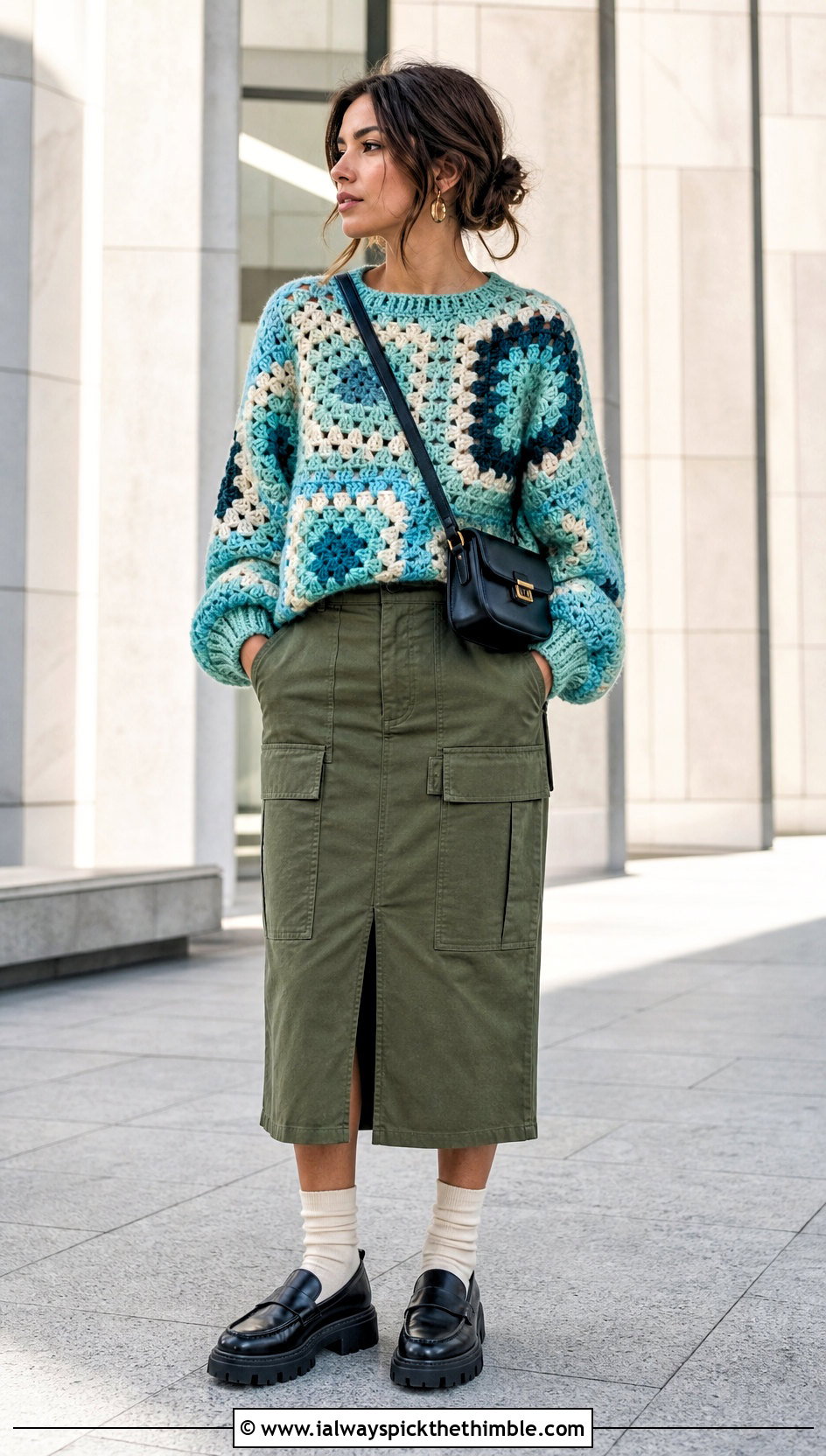 Colorblock Giant Granny Square Sweater With Utility Midi Skirt - 20 giant granny square sweater outfit ideas
