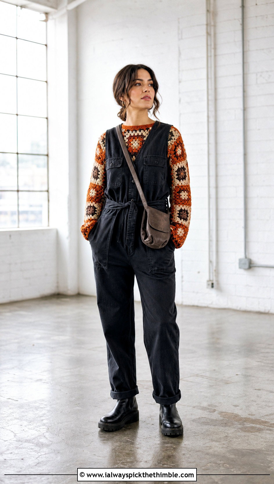 Colorblock Granny Square Pullover Under A Utility Jumpsuit - 20 crochet granny square pullover sweater outfit ideas