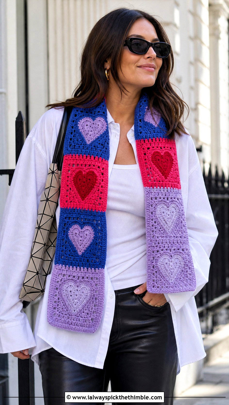 Colorblock Heart Scarf With White Shirt And Leather Pants - 20 crochet heart scarf outfit ideas
