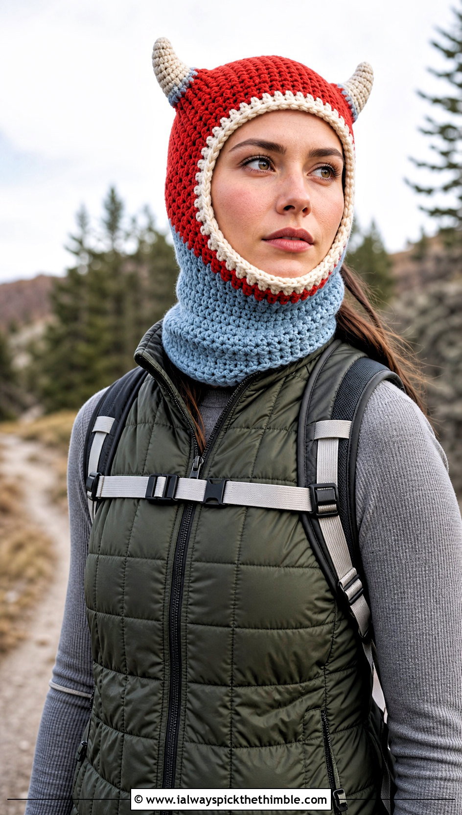 Colorblock Horn Crochet Balaclava With Quilted Vest - 20 crochet hat with horns outfit ideas