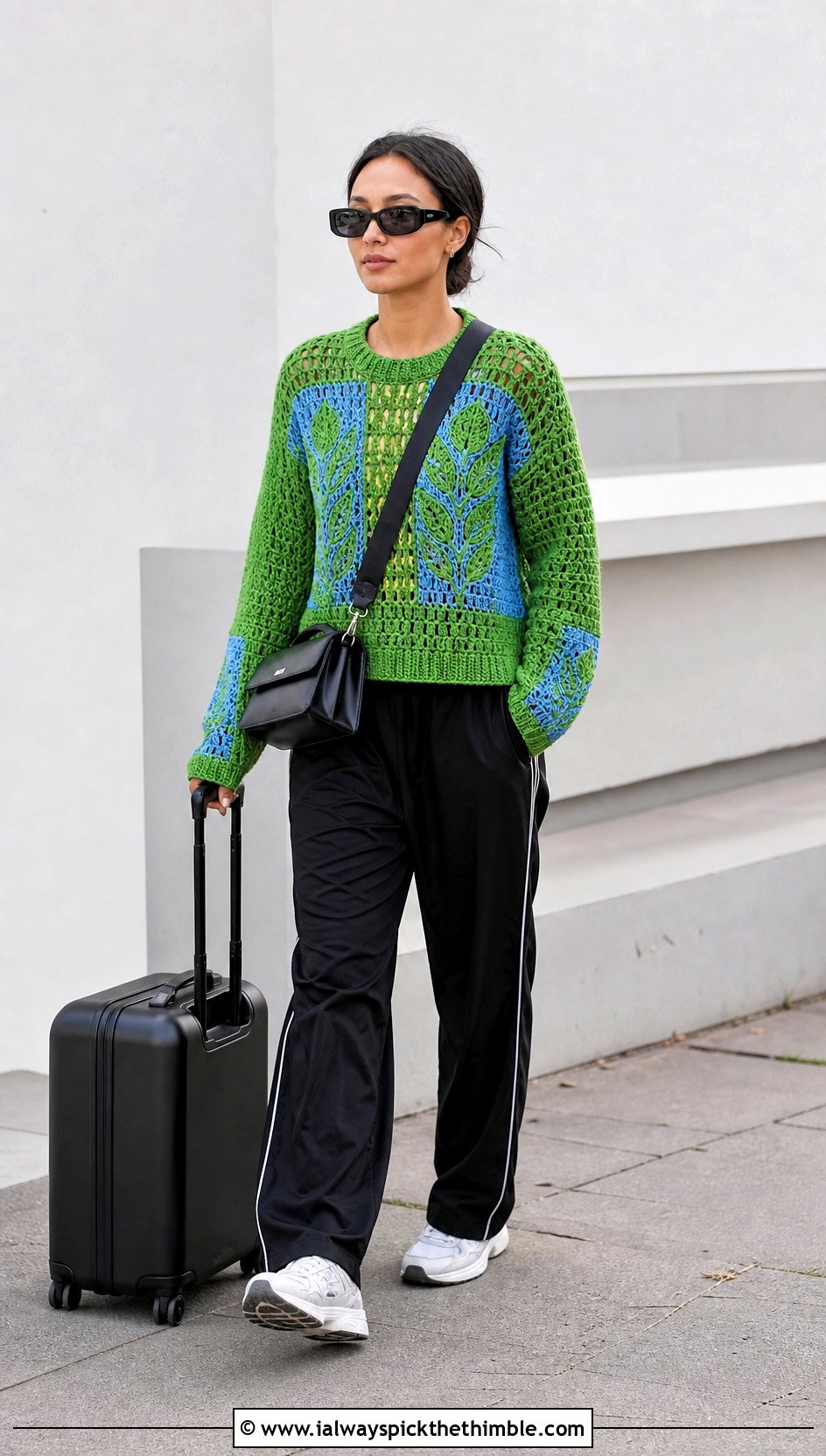 Colorblock Leaf Sweater With Track Pants - 20 crochet leaf sweater outfit ideas