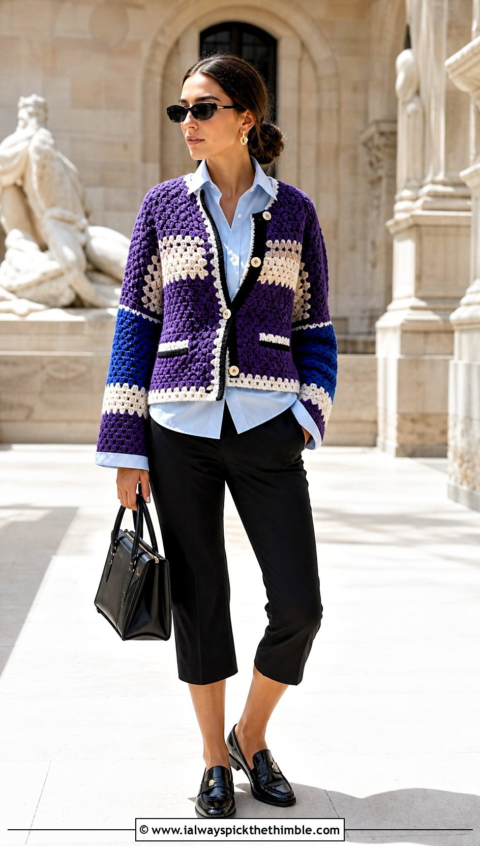 Colorblock Miu Miu Crochet Cardigan With Poplin Shirt And Capris - 20 Miu Miu Crochet Cardigan outfit ideas