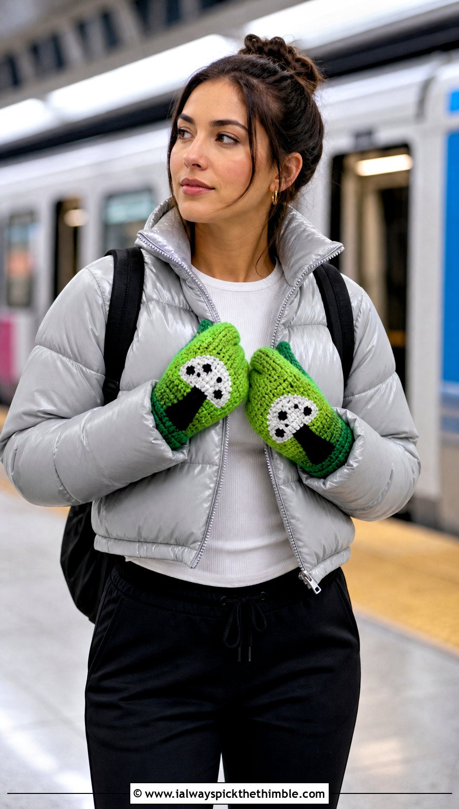 Colorblock Mushroom Mittens With Puffer Jacket And Joggers - 20 Crochet Mushroom Gloves outfit ideas