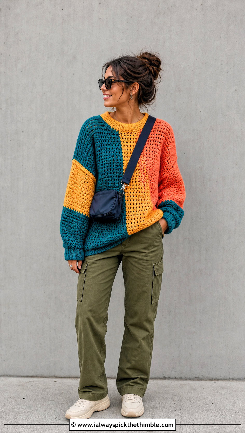 Colorblock Oversized Crochet Sweater With Cargo Pants - 25 crochet oversized sweater outfit ideas