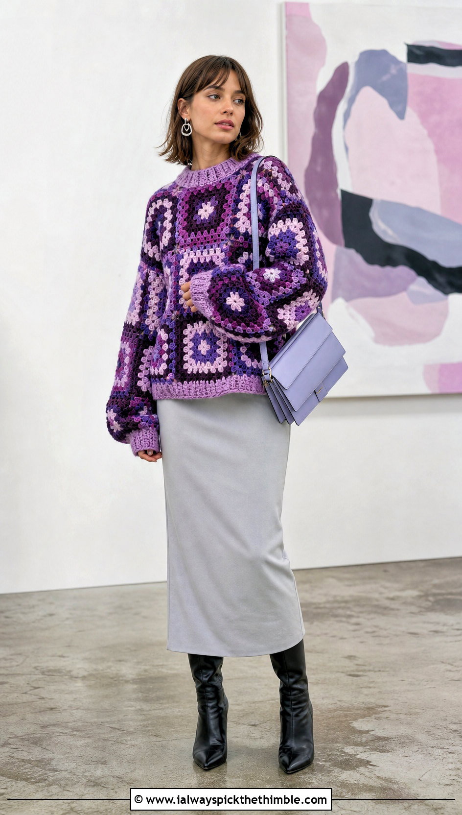 Colorblock Oversized Granny Square Sweater With Column Skirt - 15 Crochet Oversized Granny Square Sweater outfit ideas