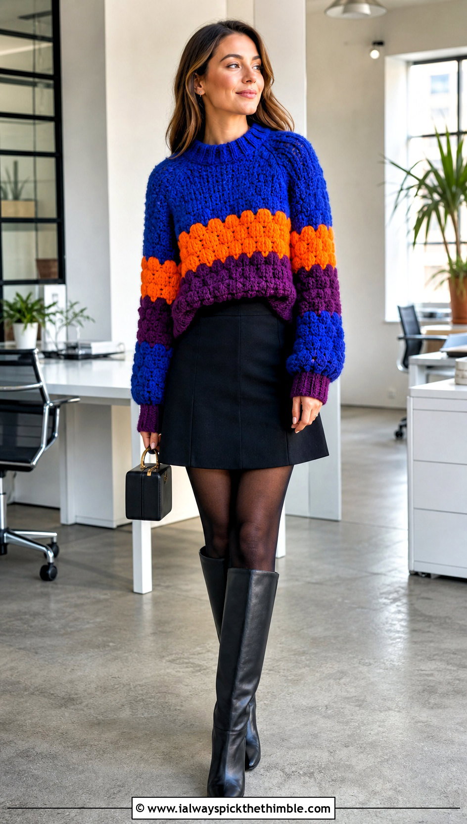 Colorblock Princess Bubblegum Pullover With Mini Skirt And Boots - 15 Crochet Princess Bubblegum Sweater outfit ideas