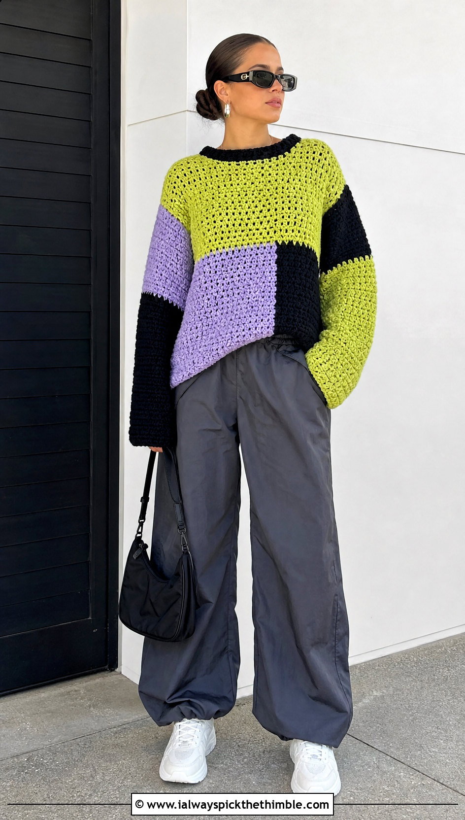 Colorblock Pullover Crochet Sweater With Parachute Pants - 20 Pullover Crochet Sweater outfit ideas