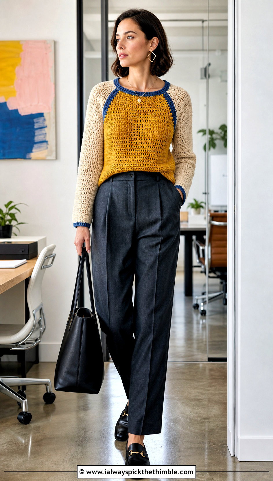 Colorblock Raglan Crochet Sweater With Tailored Trousers - 20 taylor swift crochet sweater outfit ideas