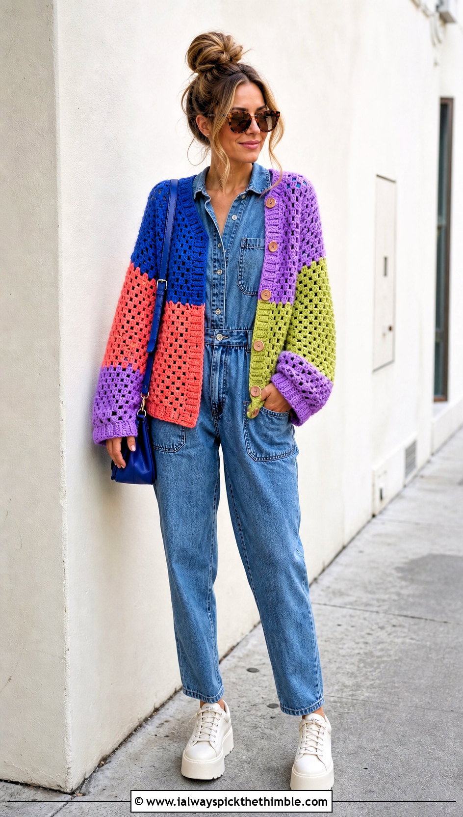 Colorblock Round Crochet Cardigan With Denim Jumpsuit - 25 round crochet cardigan outfit ideas