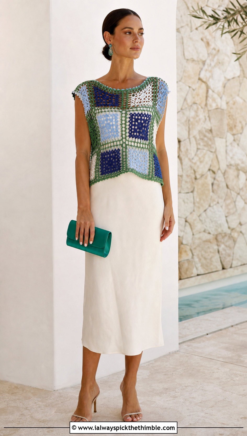 Colorblock Square Mesh Crochet Top Over Column Dress - 20 crochet summer mesh top outfit ideas