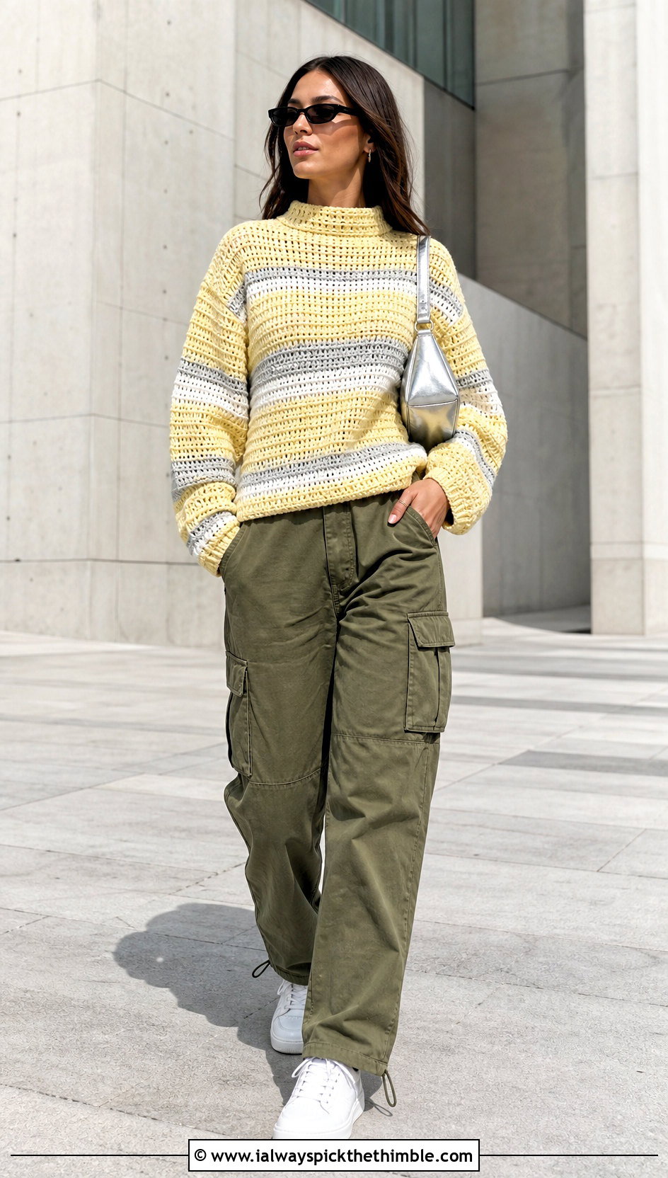 Colorblock Striped Crochet Mock Neck Sweater With Cargo Pants - 20 Crochet Mock Neck Sweater outfit ideas
