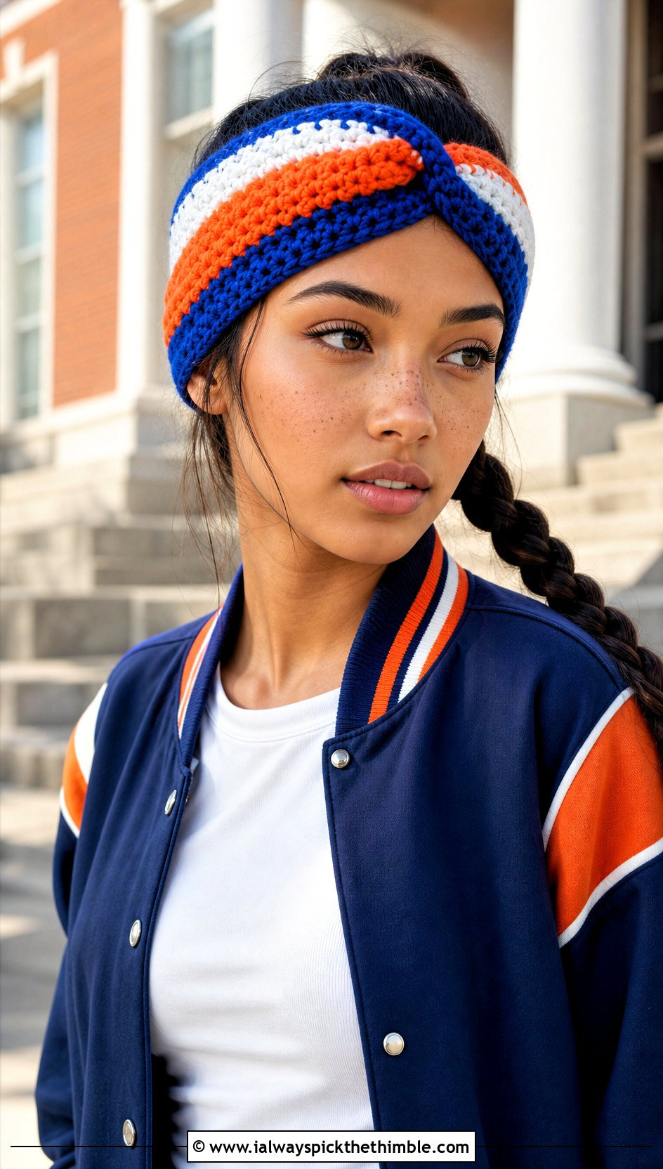 Colorblock Twist Ear Warmer With Varsity Jacket - 20 Crochet Twist Ear Warmer outfit ideas