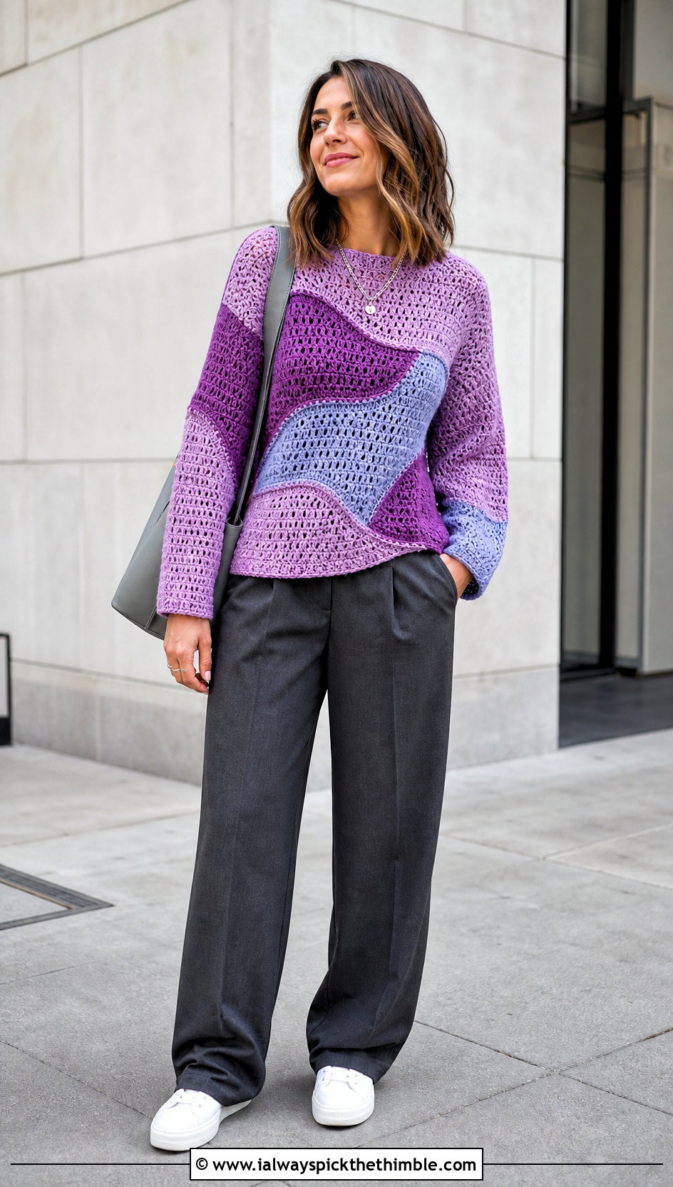 Colorblock Wave Crochet Sweater With Relaxed Suit Pants - 25 wavy crochet sweater outfit ideas