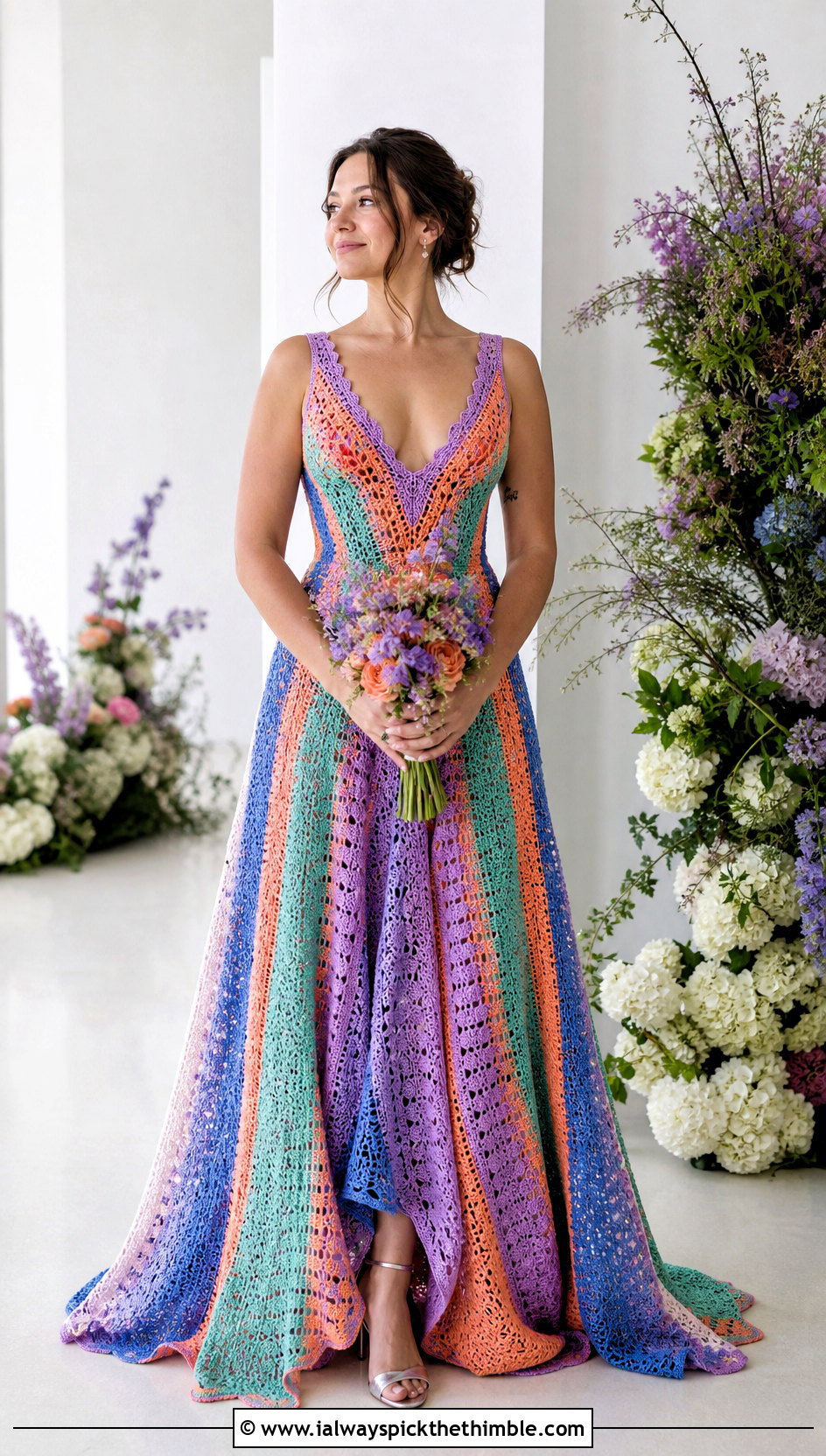 Colorful Crochet Wedding Gown With Minimal Accessories - 20 crochet wedding dress gowns outfit ideas